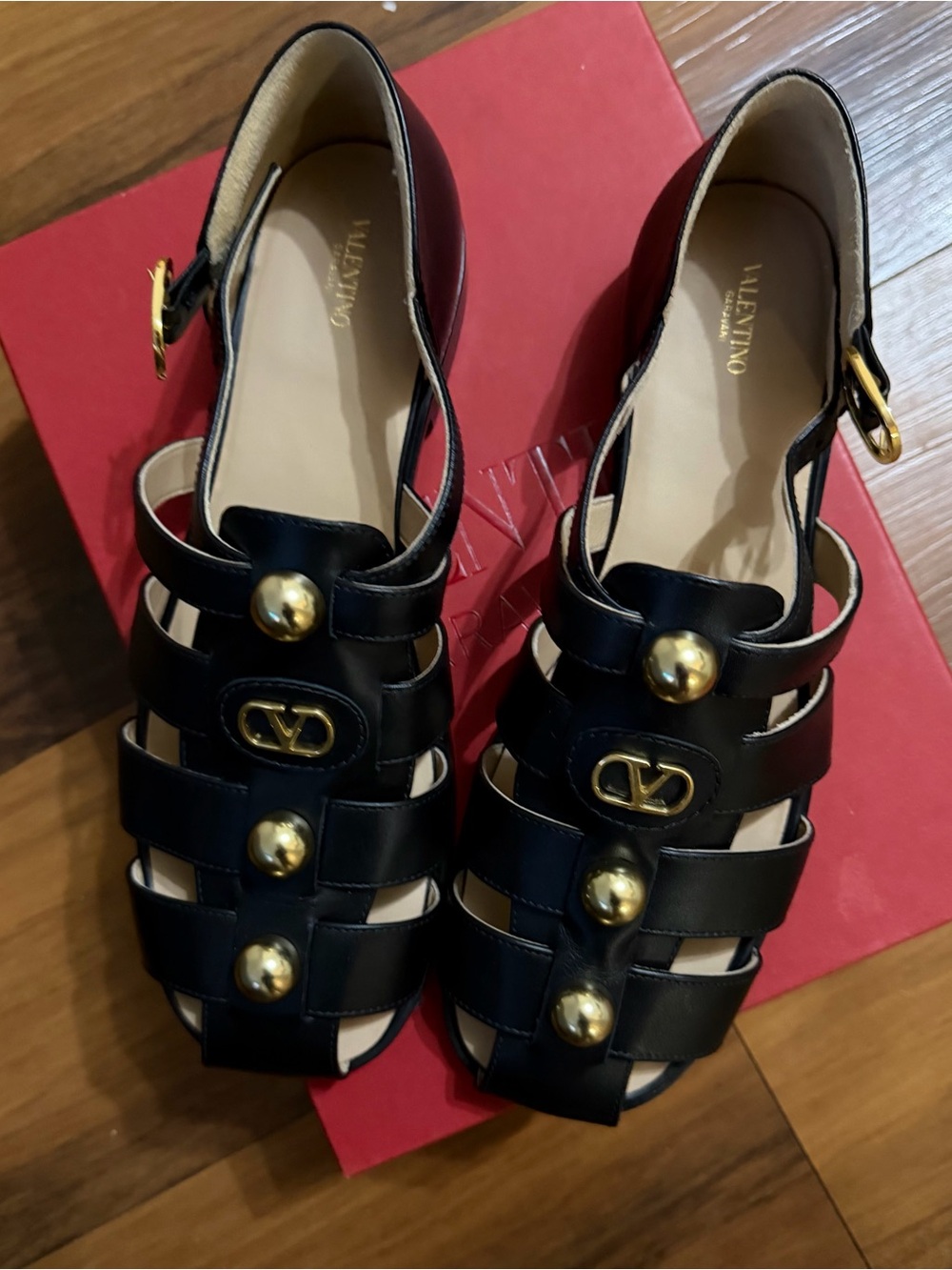 Valentino Black Leather Cage Sandals with Gold Buttons